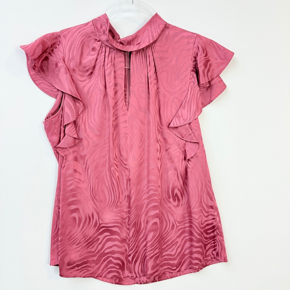 Rebecca Taylor Blouse Womens Small Pink Silk Blend Zebra Flutter Sleeve Top‎